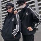 Couple Matching Contrast-trim Zip Jacket Black - One Size