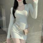 Sheath Long-sleeve U-neck Knit Dress