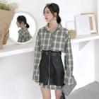 Check Long-sleeve Loose-fit Shirt / Faux-leather Skirt