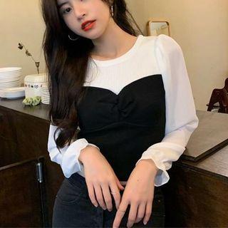 Long-sleeve Two-tone Knit Top Black & White - One Size