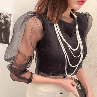 High-neck Puff-shoulder Organza Top