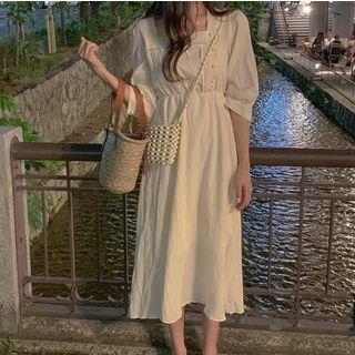 Plain Square Neck Short-sleeve Midi Dress Almond White - One Size