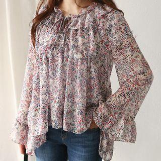 Tie-neck Capelet Floral Chiffon Top