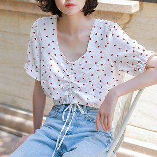 Short-sleeve Dotted V-neck Crop Top White - One Size