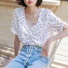 Short-sleeve Dotted V-neck Crop Top White - One Size
