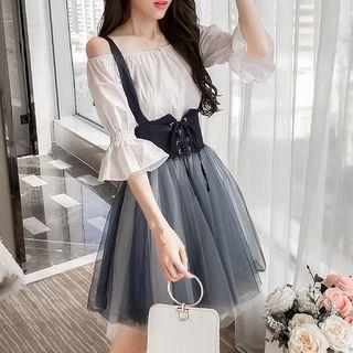 Set: Elbow-sleeve Off Shoulder Top + A-line Jumper Skirt
