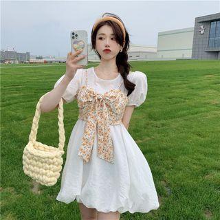 Set: Puff-sleeve Mini A-line Top + Floral Print Bow-front Camisole Top