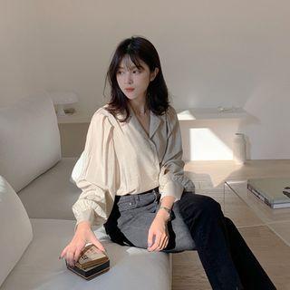 Puff-sleeve Buttoned Blouse Light Beige - One Size