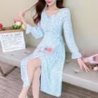 Long-sleeve Floral Wrapped A-line Dress