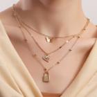 Lock Butterfly Heart Pendant Layered Alloy Necklace Gold - One Size