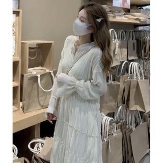 Long-sleeve Tiered Midi A-line Dress Dress - One Size