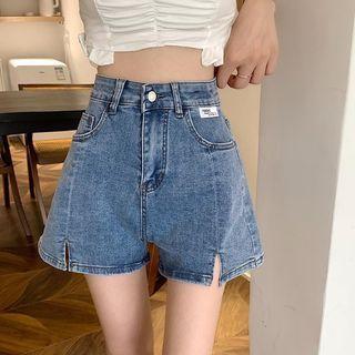 High-waist A-line Slit Denim Shorts