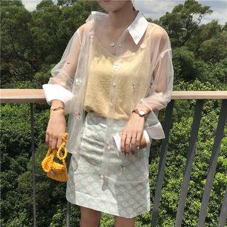 See-through Blouse / Plain Camisole / Mini Floral A-line Skirt