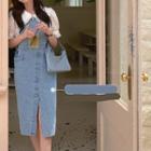 Embroidered Short-sleeve Blouse / Denim Pinafore Dress