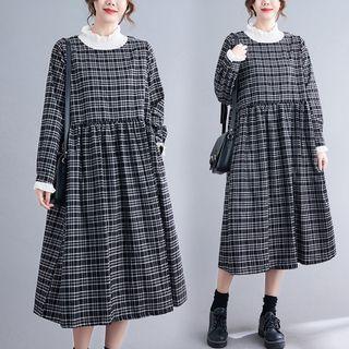 Ruffle Trim Panel Plaid Midi A-line Dress