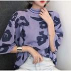 Leopard Pattern Mock-neck Elbow-sleeve Knit Top Purple - One Size