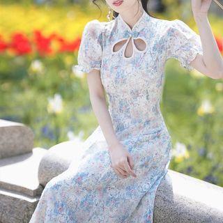 Puff-sleeve Floral Print Keyhole Midi A-line Dress
