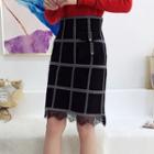 Plaid Knit Fitted Skirt Black - One Size