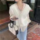 V-neck Argyle Knit Vest / Ruffled-trim Plain Blouse