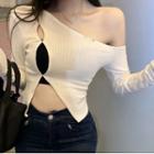 Long-sleeve One-shoulder Striped Top White - One Size