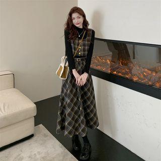 Long-sleeve Top / Plaid Camisole Top / Midi A-line Skirt