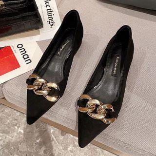 Pointed Chain Detail Block Heel Pumps