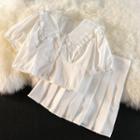 Puff-sleeve Plain Cropped Blouse / High-waist Pleated Skirt