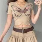 Butterfly Printed V Neck Ruched Edge Short Sleeve Cropped Top