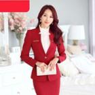 Set: Plain Blazer / Skirt / Dress Pants / Embellished Frill Collar Blouse