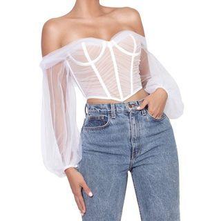 Balloon-sleeve Off-shoulder Mesh Blouse