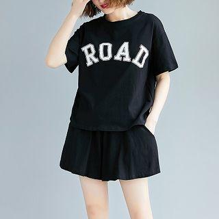 Set: Lettering Short-sleeve T-shirt + Shorts Set - Black - One Size