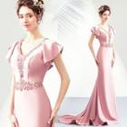 Bell-sleeve V-neck Embroidered Sheath Evening Gown