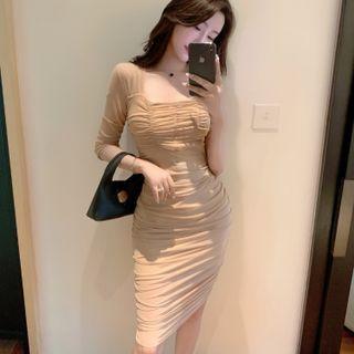 Square-neck Shirred Midi Bodycon Dress