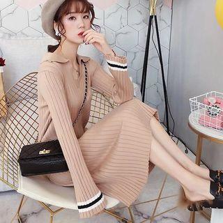 Long-sleeve Collared Rib Knit Dress
