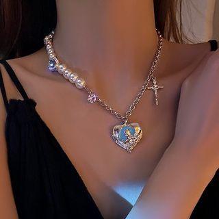 Rhinestone Faux Pearl Necklace Pearl - Silver - One Size