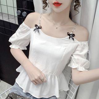 Off-shoulder Suspender Puff-sleeve Bow Chiffon Shirt