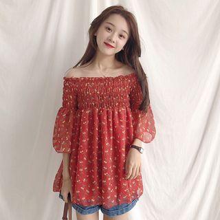 Floral Print Off-shoulder Smocked Blouse
