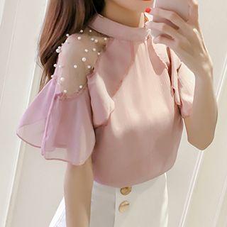Faux Pearl Short Sleeve Chiffon Blouse