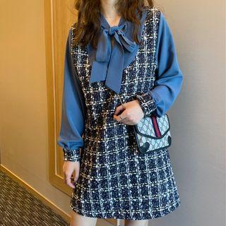 Puff-sleeve Tweed Mock Two-piece Dress