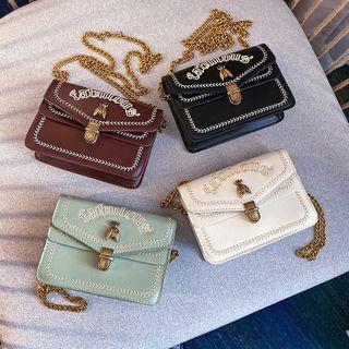 Chain Strap Letter Embroidered Flap Crossbody Bag
