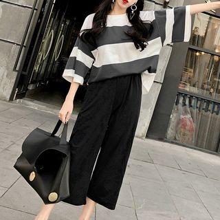 Set: Elbow-sleeve Striped T-shirt + Wide Leg Pants Set - Midi Skirt - Stripe - Gray & White - One Size / Wide Leg Pants - Black - One Size