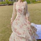 Floral Strappy Midi A-line Dress / Light Jacket / Set