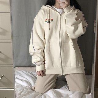 Lettering Zip Hoodie Fleece - Almond - One Size