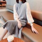 Set: Long-sleeve Lace Top + Sleeveless Knit Midi Dress