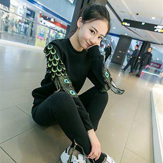 Set: Peacock Feather Embroidered Sweatshirt + Skinny Sweatpants