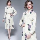 Set: Puff-sleeve Floral Print Shirt + Midi A-line Skirt