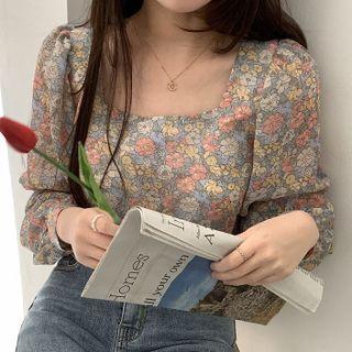 Long-sleeve Square Neck Floral Loose Fit Chiffon Blouse
