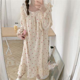 Bell-sleeve Cherry Print Midi Sleep Dress Beige - One Size