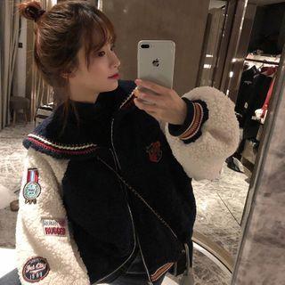 Puff Sleeve Sailor Collar Applique Fleece Jacket