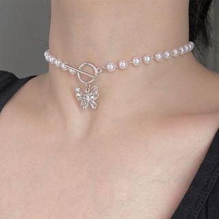 Rhinestone Butterfly Faux Pearl Choker Butterfly - One Size